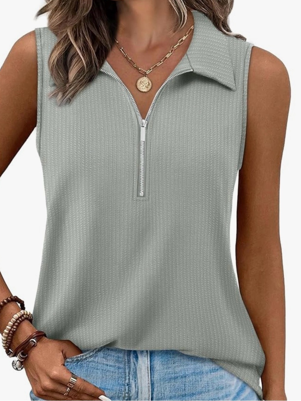 Sleeveless Ribbed Zip-Collar Top - Light Sage EUC